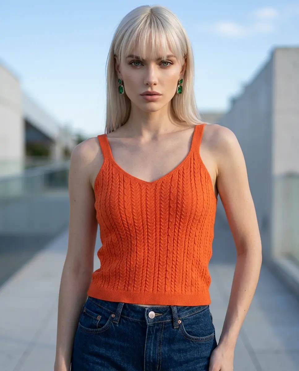 Vibrant Orange Cable Knit Cropped Tank Top