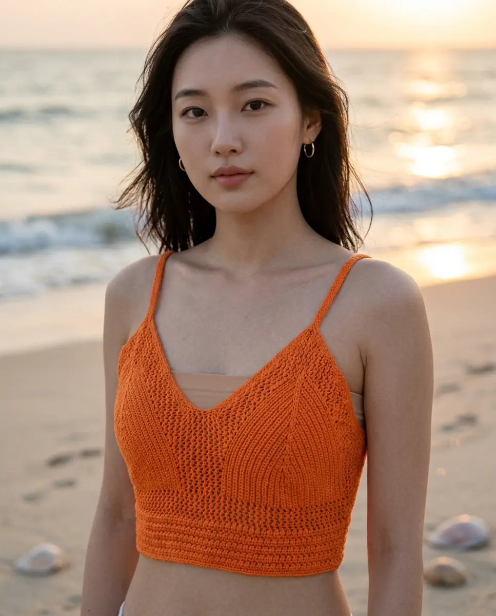 Vibrant Orange Hand-Knitted Beach Crop Top